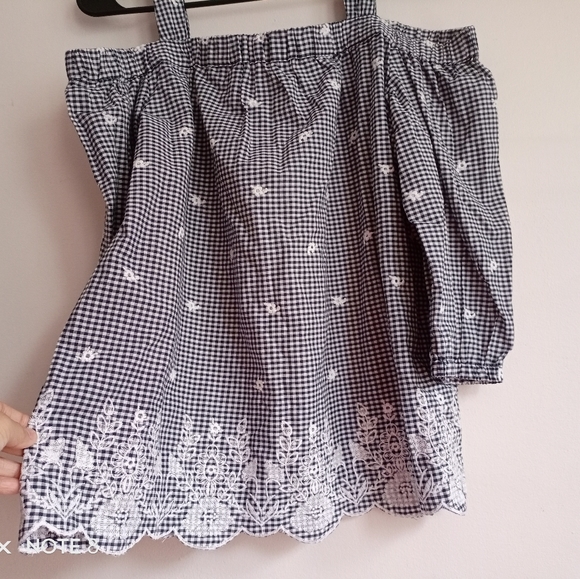 Dressbarn Westport cotton embroidered plaid 3/4 sleeves boho spring summer top - Picture 2 of 7